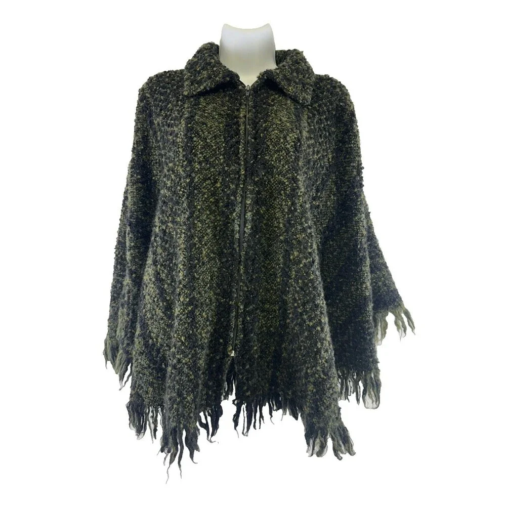 Branigan Weavers Wool Cape Poncho Sweater Full Zip Green‎ Black Striped One Size